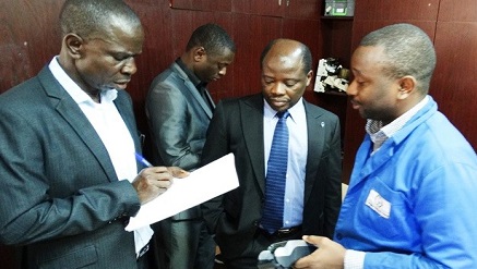 L-R: Mr. Sadiku Yakubu, Assistant Manager, Banking & Payment System, CBN;  Mr. Amir I. Adamu, Senior Supervisor, Banking & Payment System, CBN; Mr. James Agada, Chief Technology Officer, CWG Plc and Mr. Ademola Akintade, Team lead, POS Technical, CWG Plc during the PTSP Licence audit in Lagos.